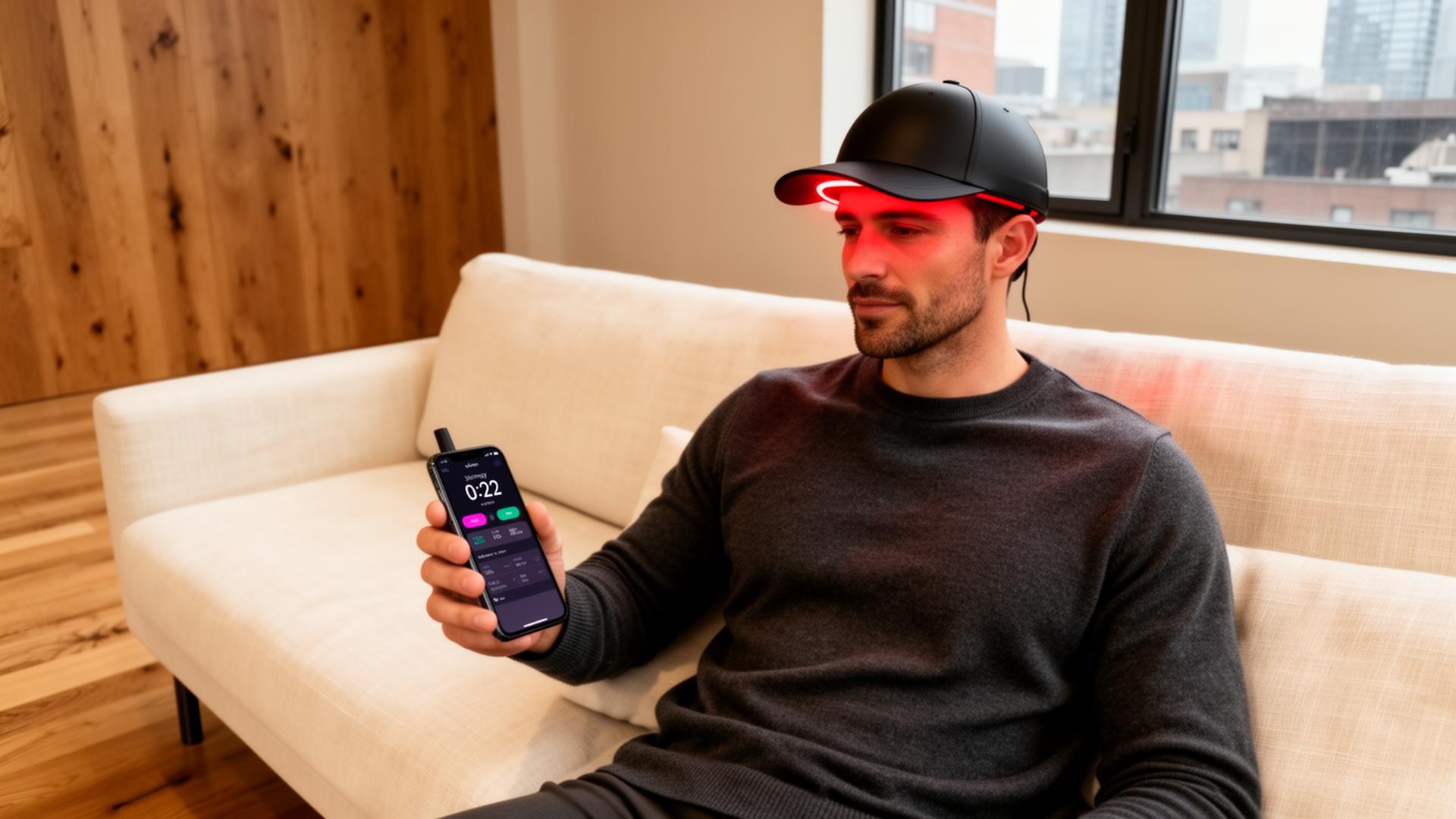 Man checking session timer while wearing RadianceCap