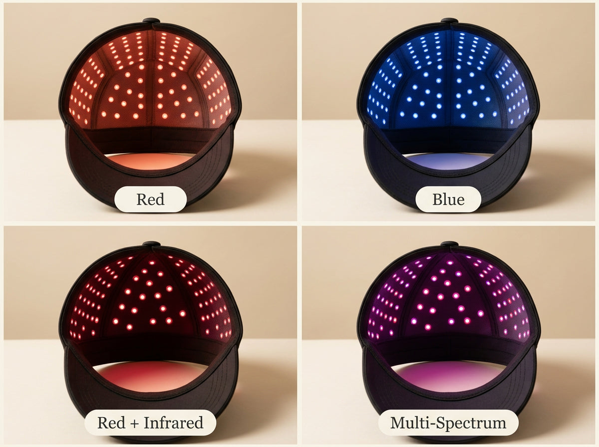 RadianceCap shown in four light modes: Red, Blue, Red+Infrared, Multi-Spectrum