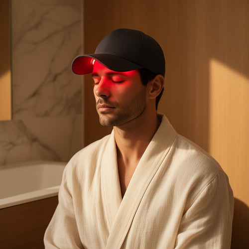 Man wearing RadianceCap LED therapy cap with soft red glow during evening ritual