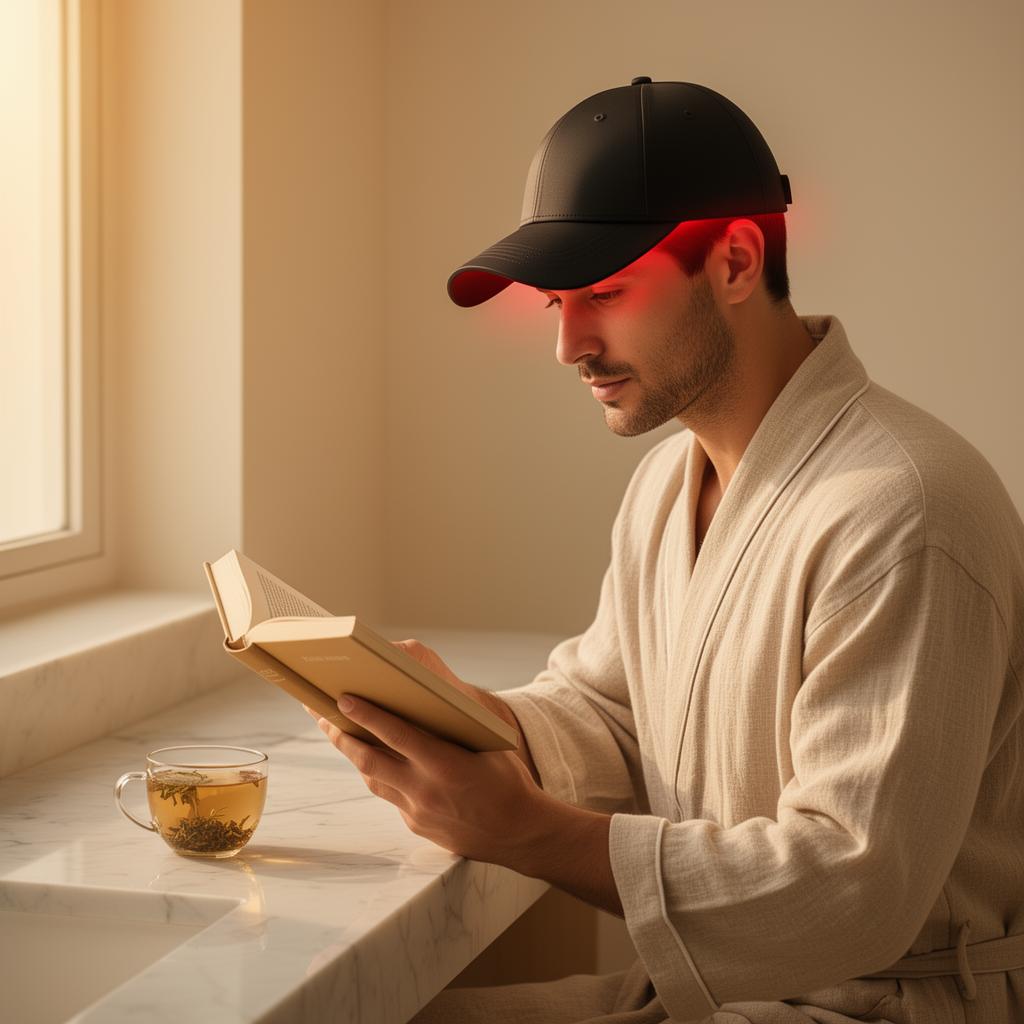 Man reading at marble vanity wearing RadianceCap LED hair growth cap