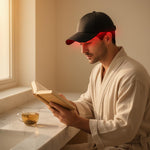 Man reading at marble vanity wearing RadianceCap LED hair growth cap