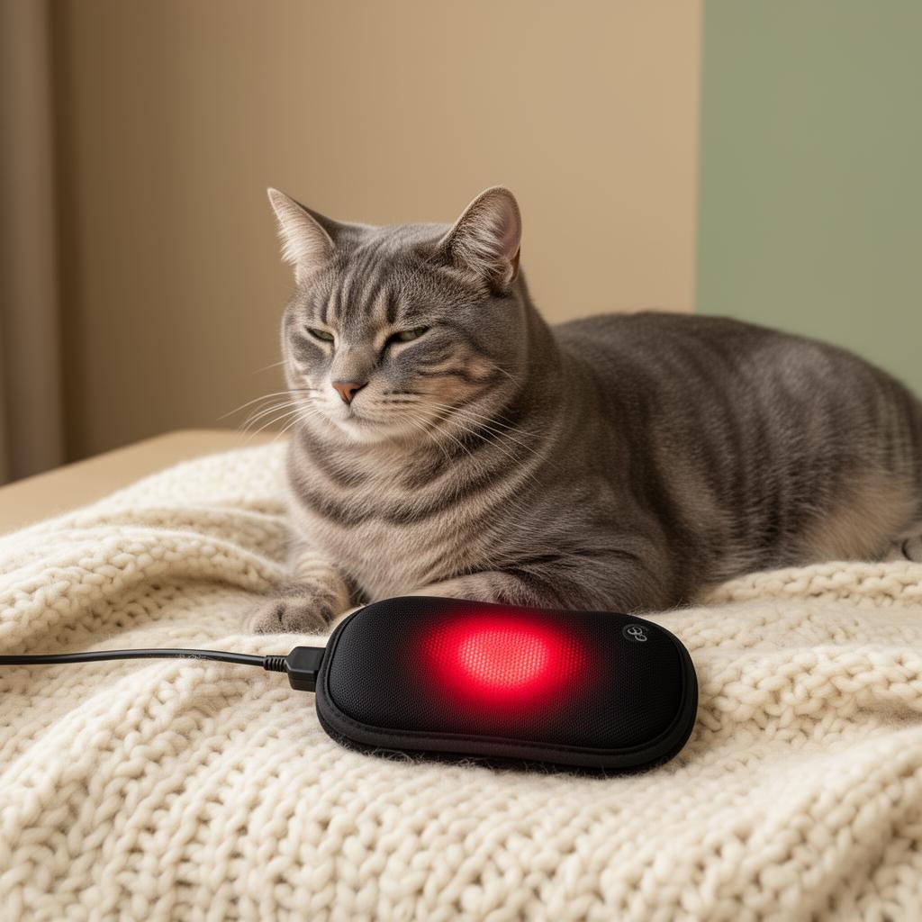 Cat resting with PawRadiance red light pet wellness massager on soft blanket