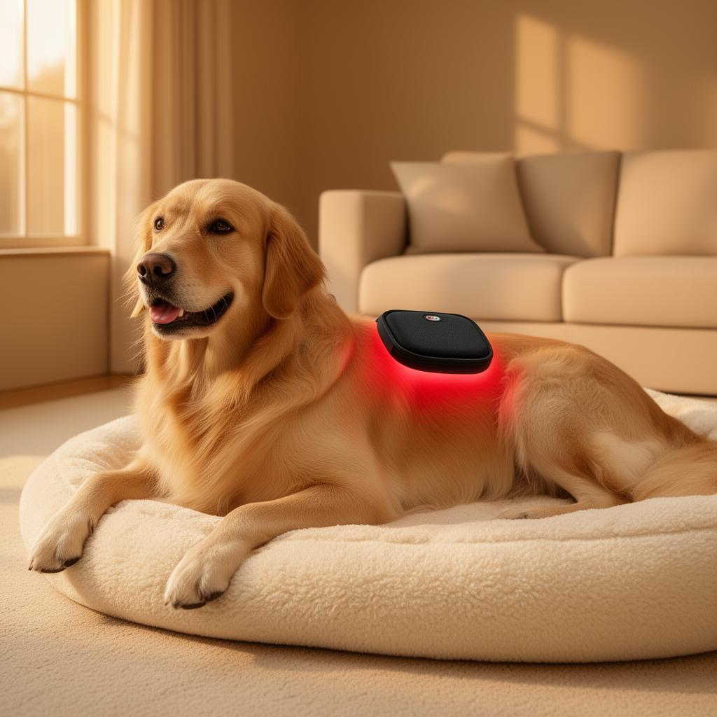 Dog relaxing with PawRadiance pet red light therapy massager during supervised comfort session