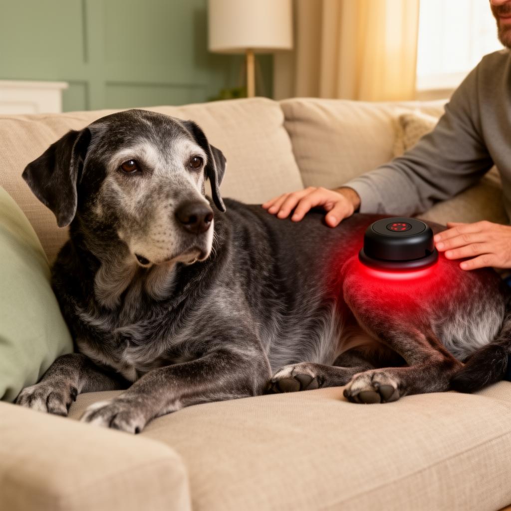 Senior dog resting with PawRadiance pet red light therapy massager during supervised session
